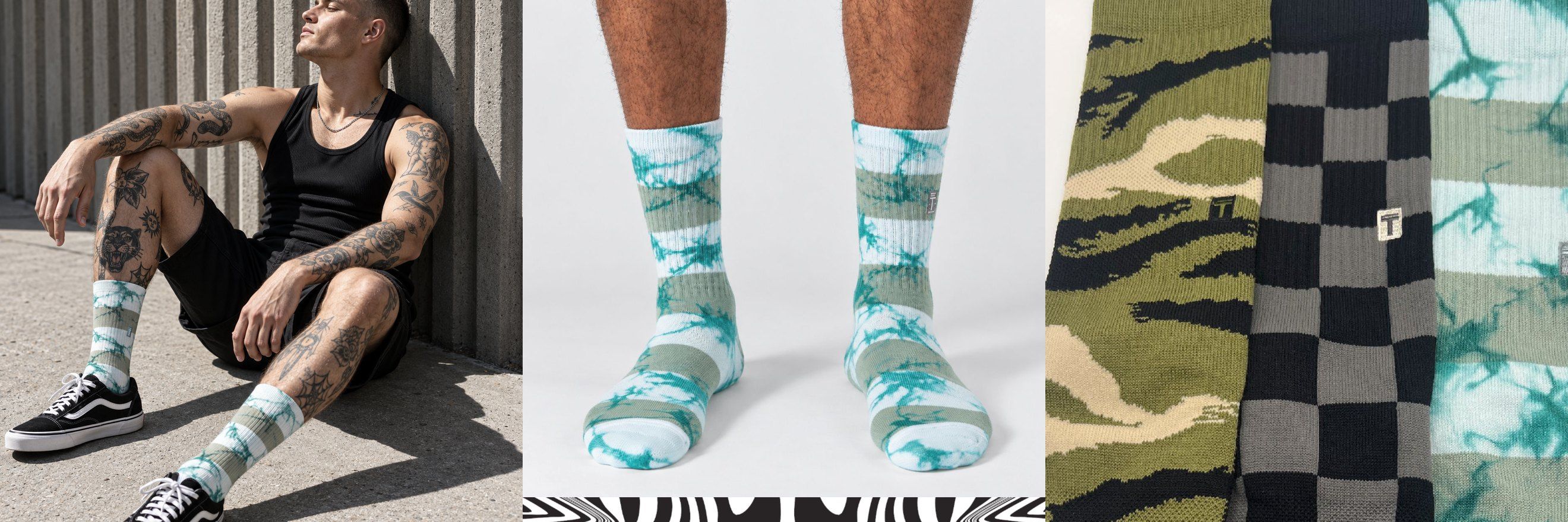 Tattooed man in TAKIA tie-dye stripe socks, the tie-dye crew, and the Combat 3-pack in camo, checkerboard and green tie-dye