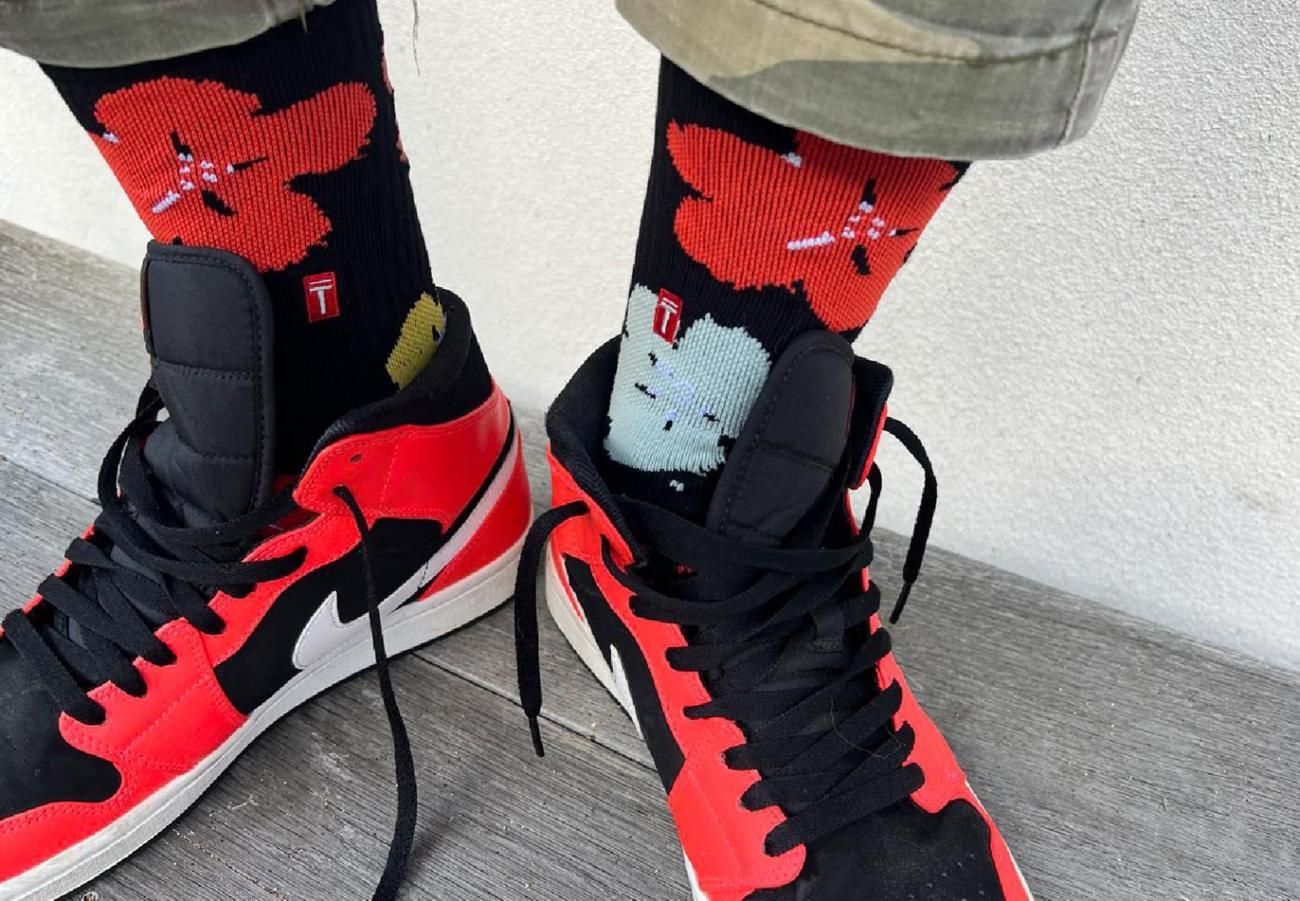 TAKIA floral socks with red sneakers